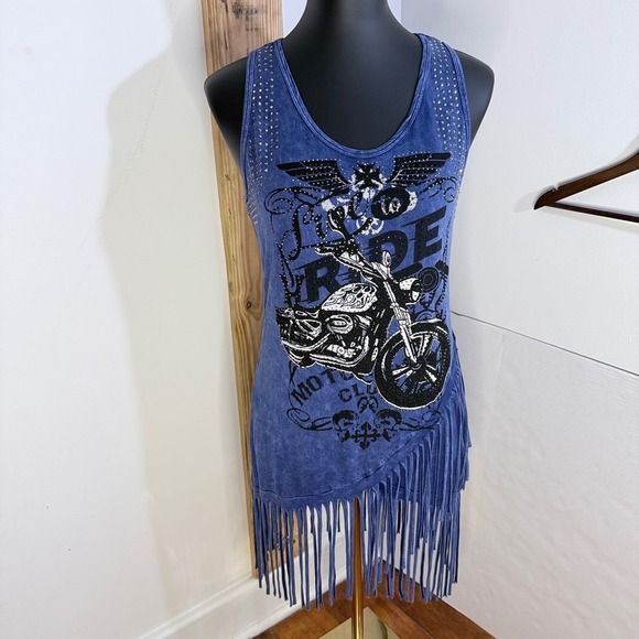 Vocal Blue Studded Fringe Tank Dress Live to Ride Motorcycle Graphic Size L USA - Picture 2 of 12